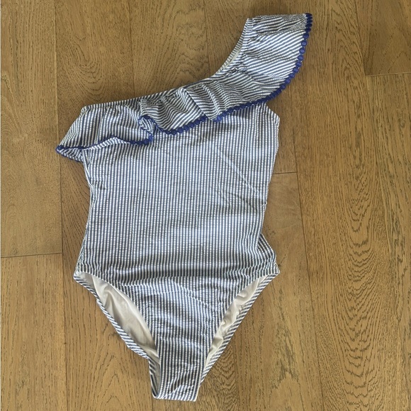 J. Crew Womens Seersucker One Shoulder One PIece Blue White Size 6 - Picture 1 of 5